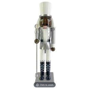 Wooden Christmas Nutcracker,15"AFRICAN AMERICAN WHITE&SILVER SOLDIER W/STAFF,ATH